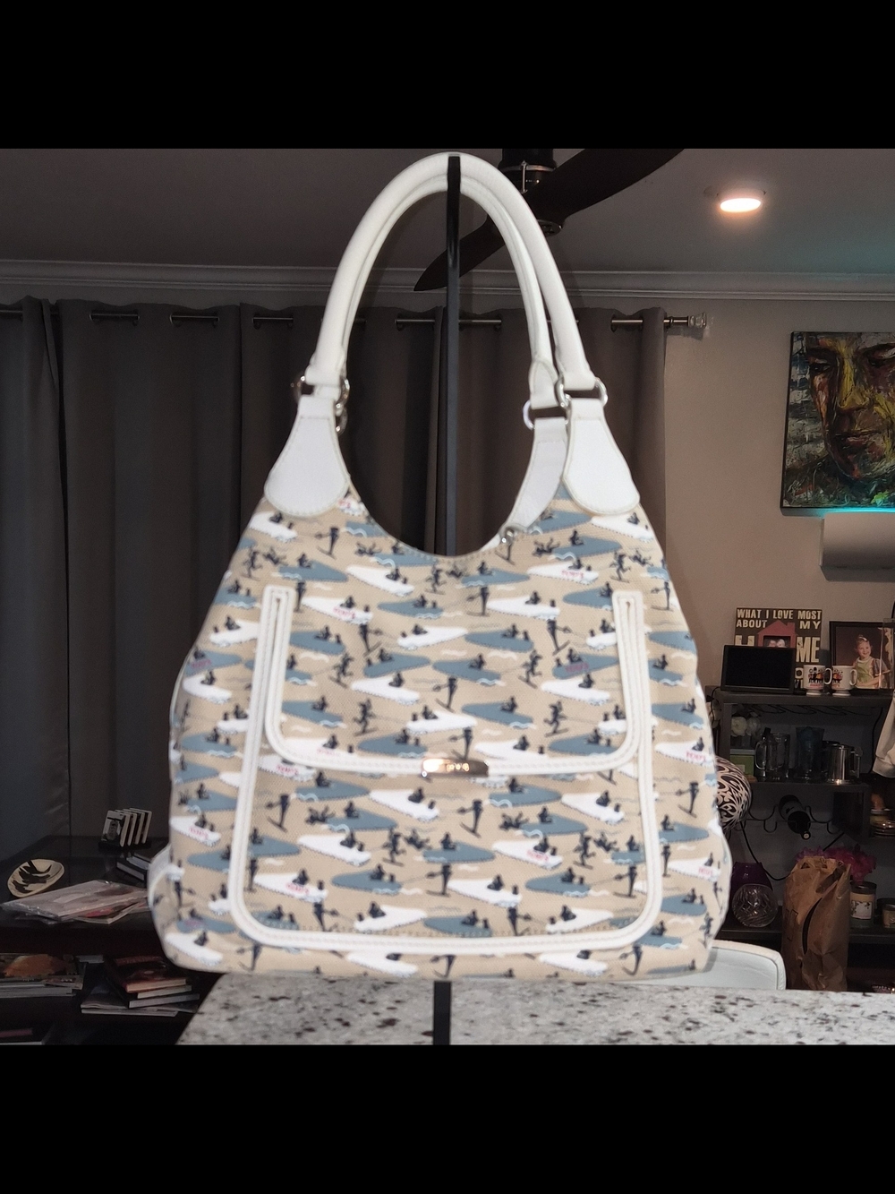 Authentic Tod's Vintage Water Ski Print Canvas Shoulder Bag White Leather